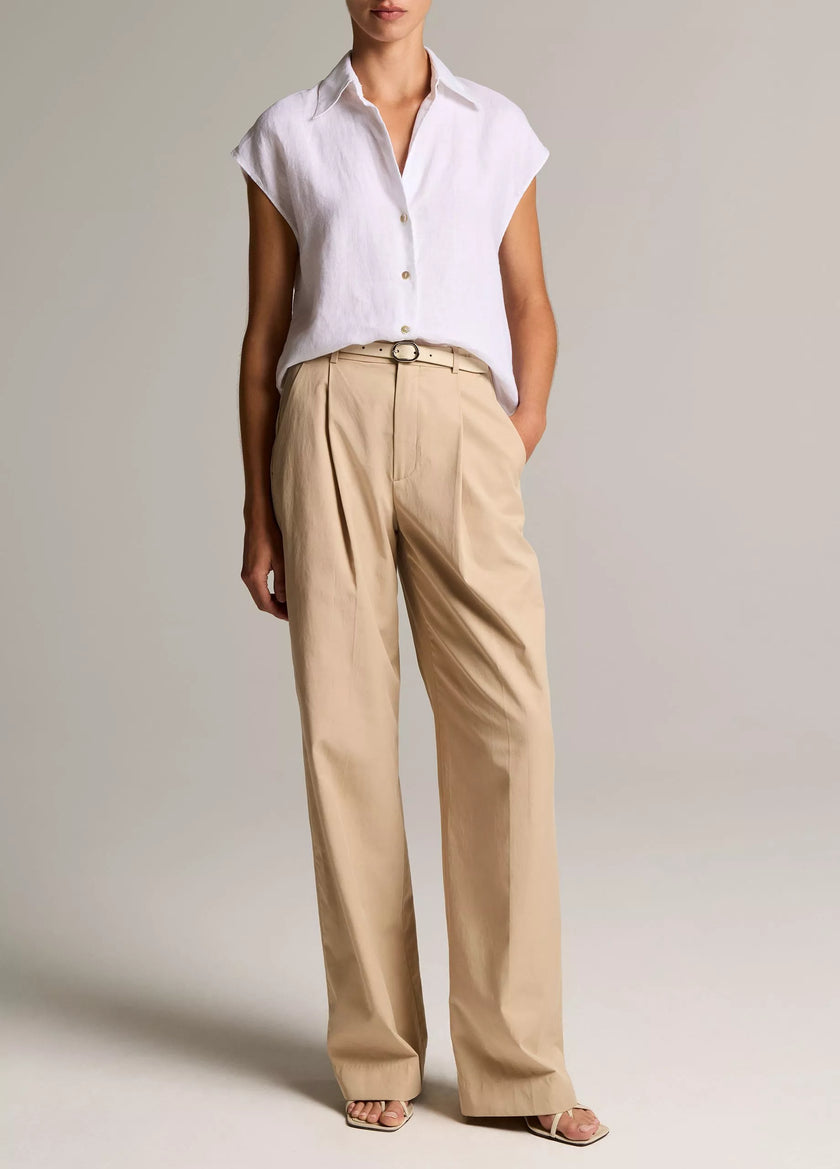 LINEN CAP SLEEVE BUTTON FRONT BLOUSE IN OPTIC WHITE