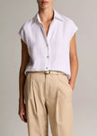 LINEN CAP SLEEVE BUTTON FRONT BLOUSE IN OPTIC WHITE