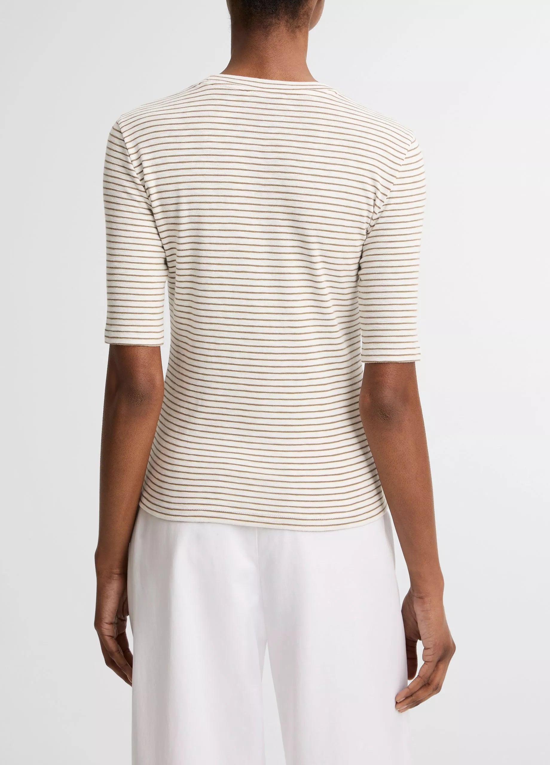 STRIPED COTTON BLEND ELBOW SLEEVE TSHIRT IN TAPENADE COMBO