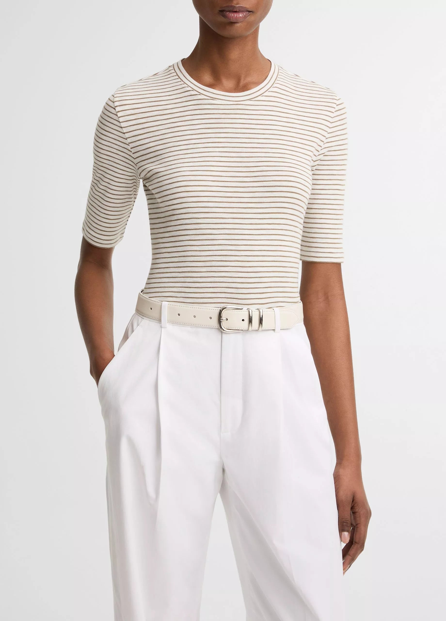 STRIPED COTTON BLEND ELBOW SLEEVE TSHIRT IN TAPENADE COMBO