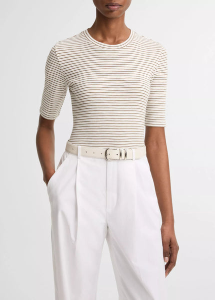 STRIPED COTTON BLEND ELBOW SLEEVE TSHIRT IN TAPENADE COMBO
