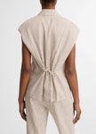 TICKING STRIPE LINEN COTTON CAP SLEEVE BLOUSE IN TAUPE WOOD