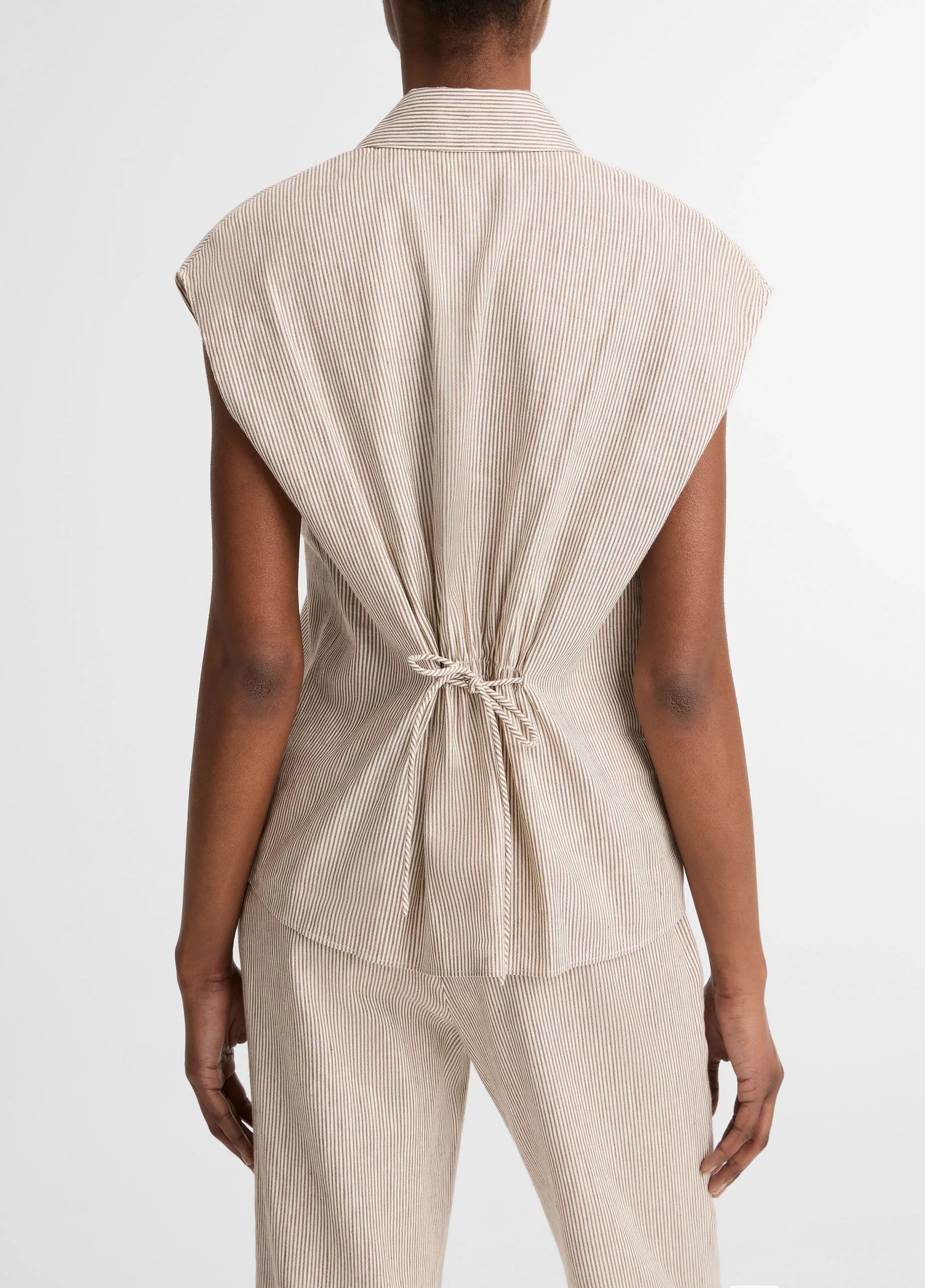 TICKING STRIPE LINEN COTTON CAP SLEEVE BLOUSE IN TAUPE WOOD