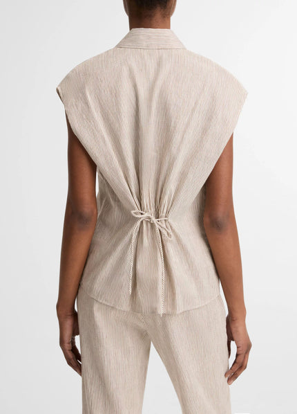 TICKING STRIPE LINEN COTTON CAP SLEEVE BLOUSE IN TAUPE WOOD