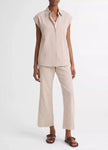 TICKING STRIPE LINEN COTTON CAP SLEEVE BLOUSE IN TAUPE WOOD