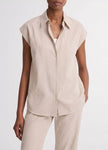 TICKING STRIPE LINEN COTTON CAP SLEEVE BLOUSE IN TAUPE WOOD