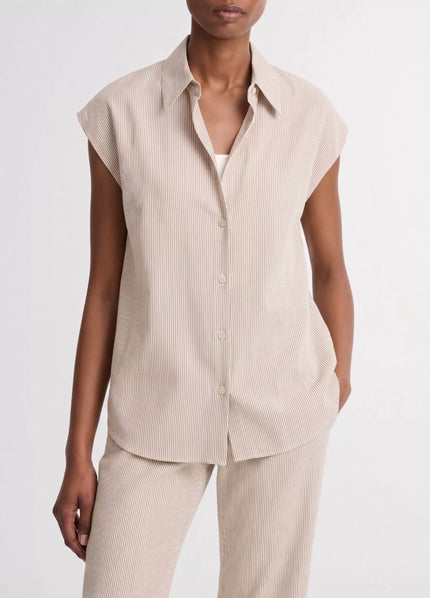 TICKING STRIPE LINEN COTTON CAP SLEEVE BLOUSE IN TAUPE WOOD