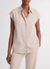 TICKING STRIPE LINEN COTTON CAP SLEEVE BLOUSE IN TAUPE WOOD