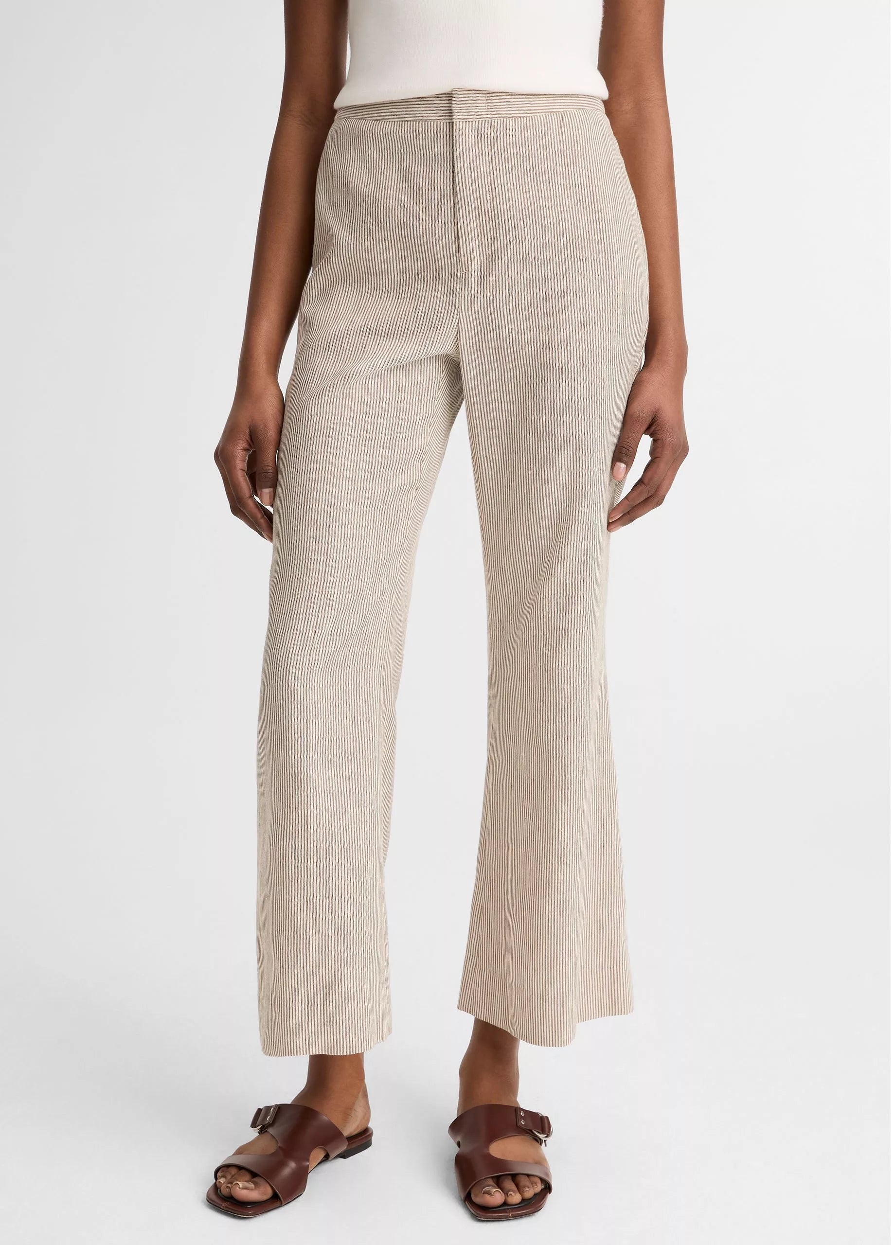 TICKING STRIPE LINEN COTTON LOW RISE CROP FLARE TROUSER PANT