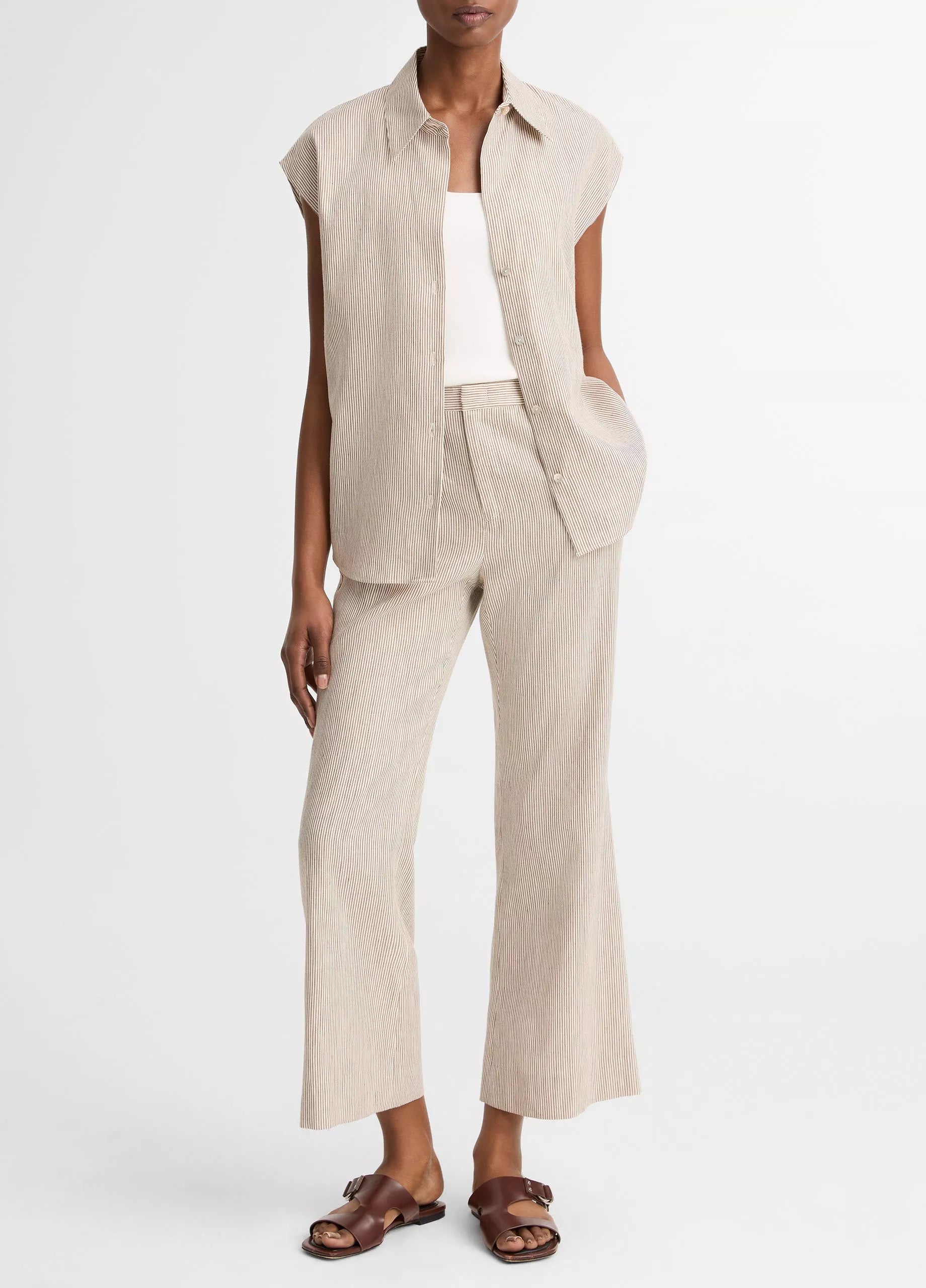 TICKING STRIPE LINEN COTTON LOW RISE CROP FLARE TROUSER PANT