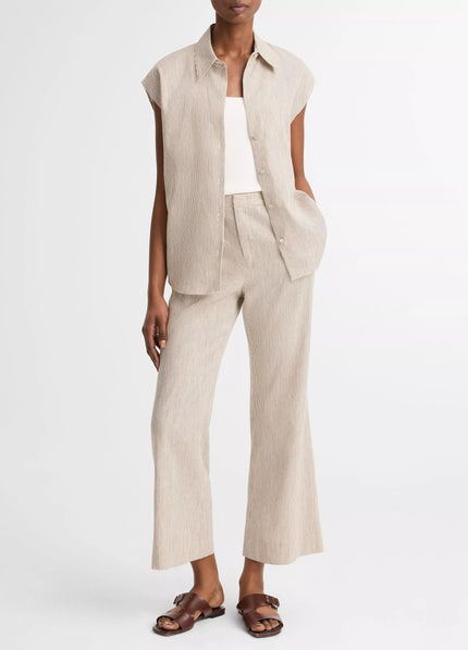 TICKING STRIPE LINEN COTTON LOW RISE CROP FLARE TROUSER PANT