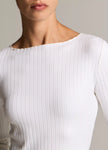 RIBBED COTTON BLEND SLASH NECK LONG SLEEVE TOP