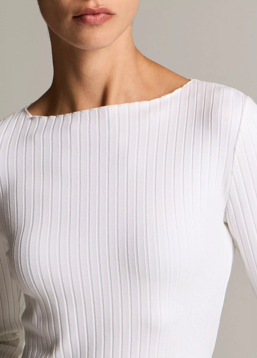RIBBED COTTON BLEND SLASH NECK LONG SLEEVE TOP