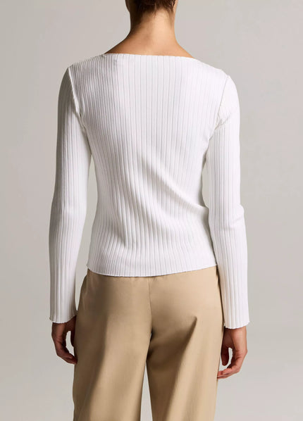 RIBBED COTTON BLEND SLASH NECK LONG SLEEVE TOP