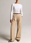 RIBBED COTTON BLEND SLASH NECK LONG SLEEVE TOP