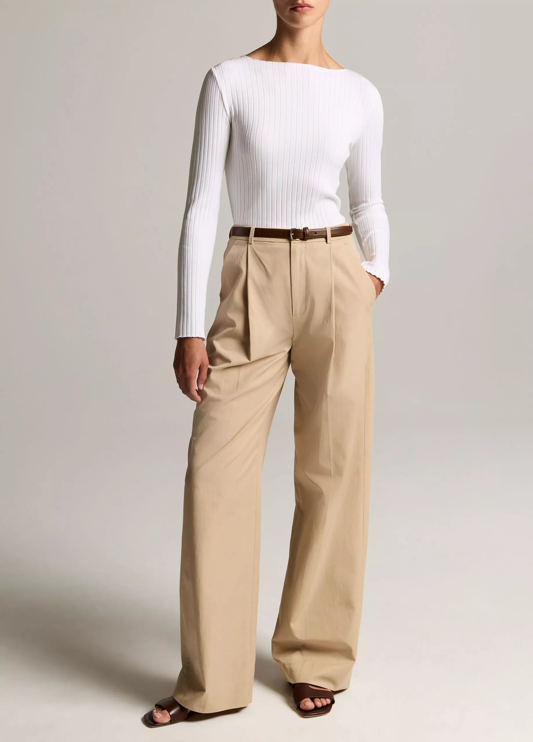 RIBBED COTTON BLEND SLASH NECK LONG SLEEVE TOP