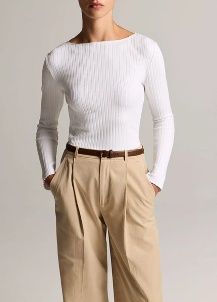 RIBBED COTTON BLEND SLASH NECK LONG SLEEVE TOP