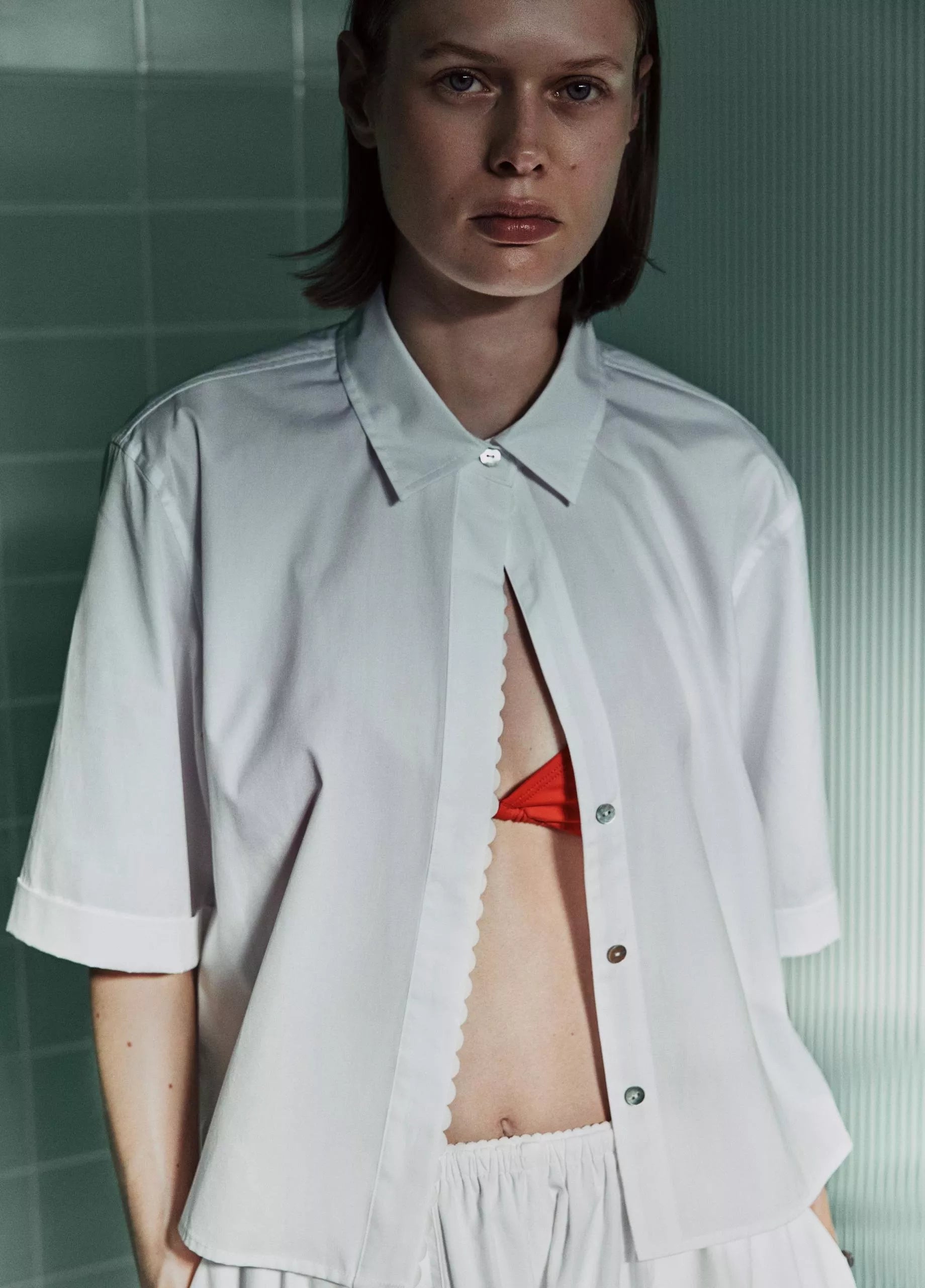 SCALLOP DETAIL COTTON BUTTON FRONT SHIRT