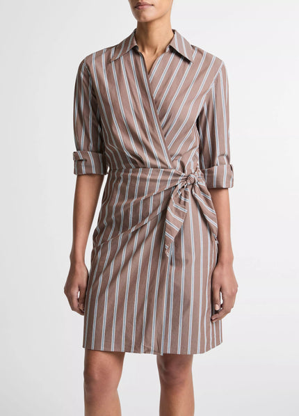STRIPED COTTON BLEND WRAP DRESS