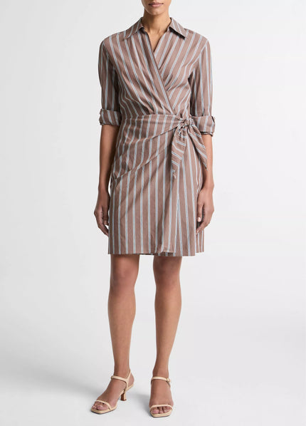 STRIPED COTTON BLEND WRAP DRESS