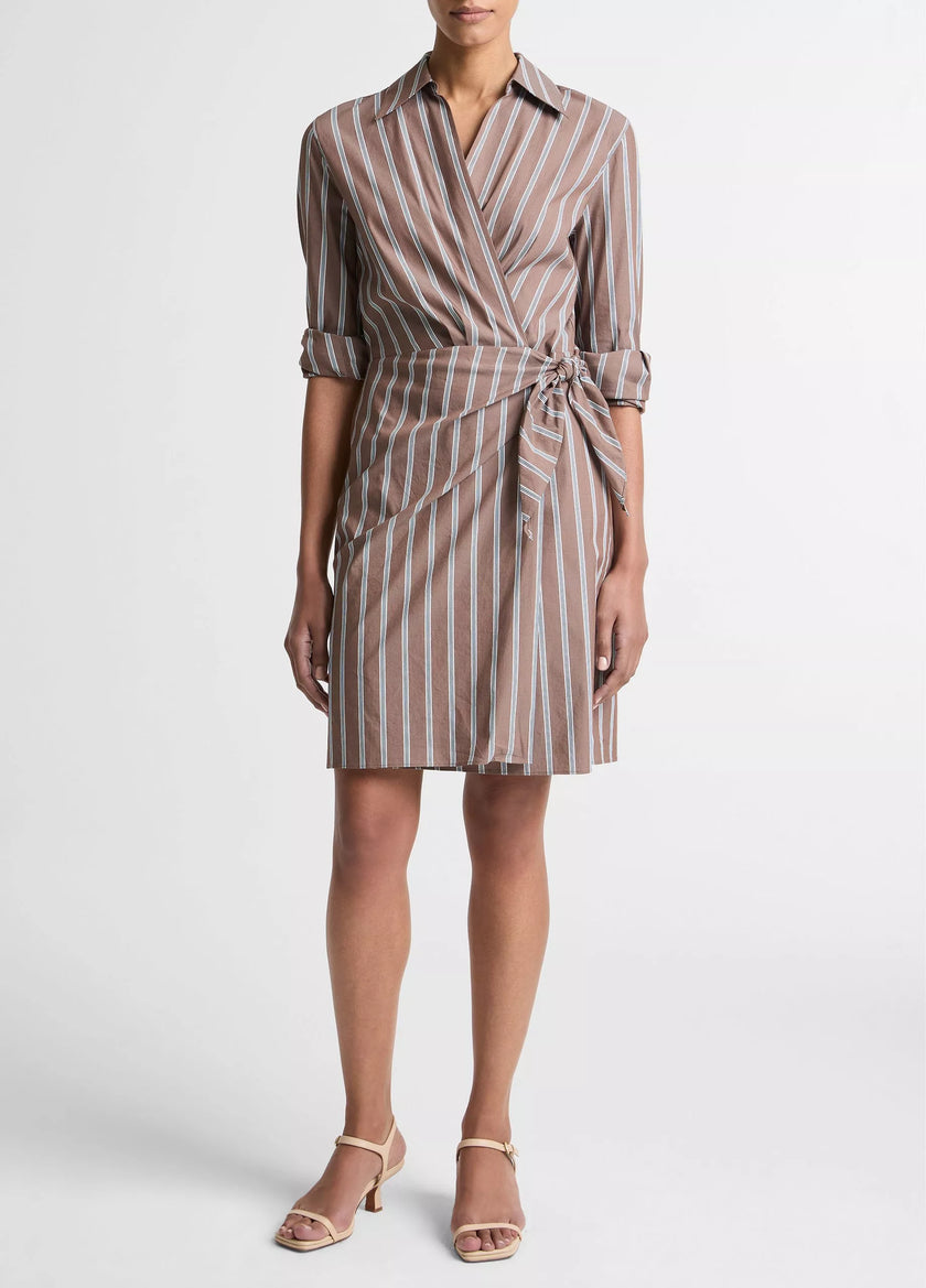 STRIPED COTTON BLEND WRAP DRESS
