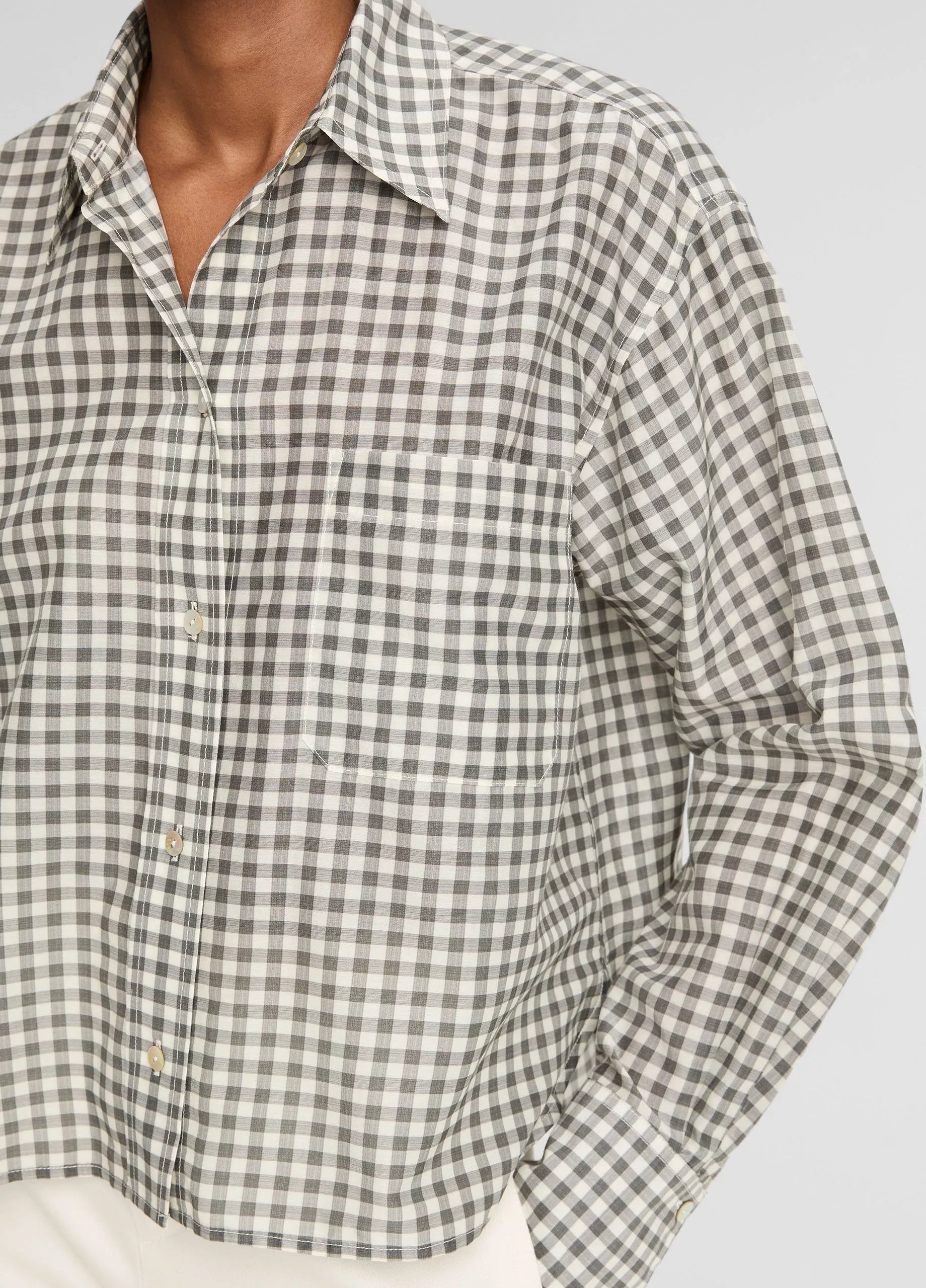 GINGHAM COTTON SILK CROPPED BUTTON FRONT SHIRT