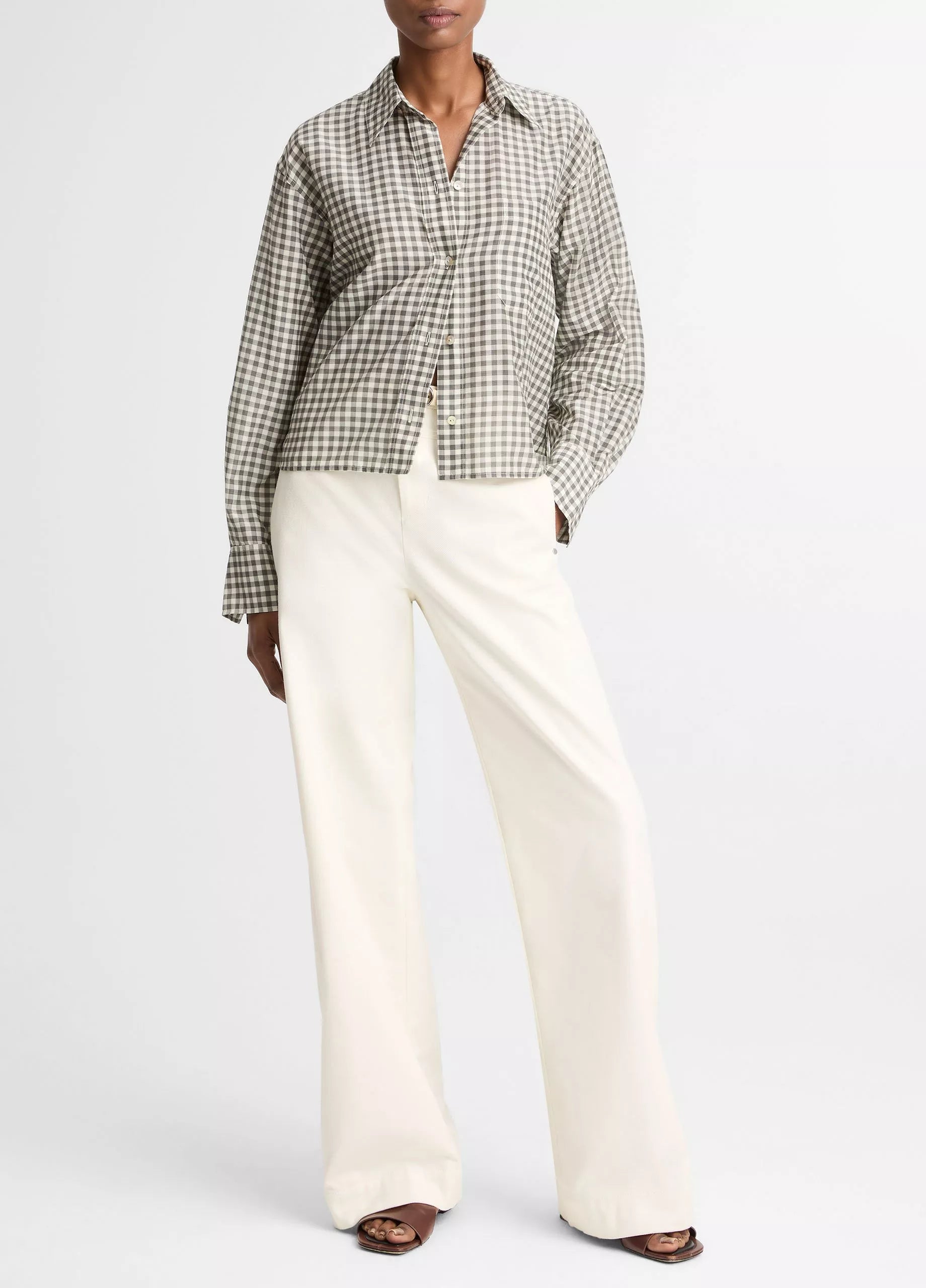 GINGHAM COTTON SILK CROPPED BUTTON FRONT SHIRT