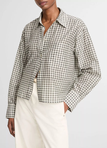 GINGHAM COTTON SILK CROPPED BUTTON FRONT SHIRT