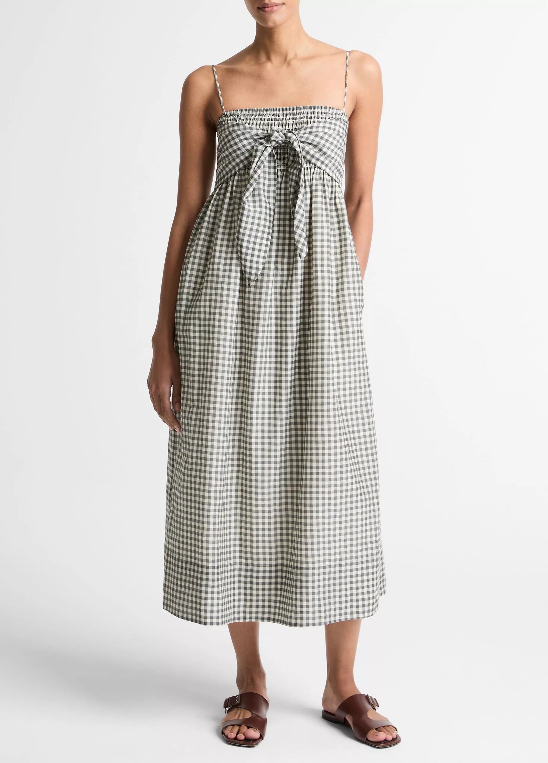 GINGHAM COTTON SILK TIE SMOCKED DRESS