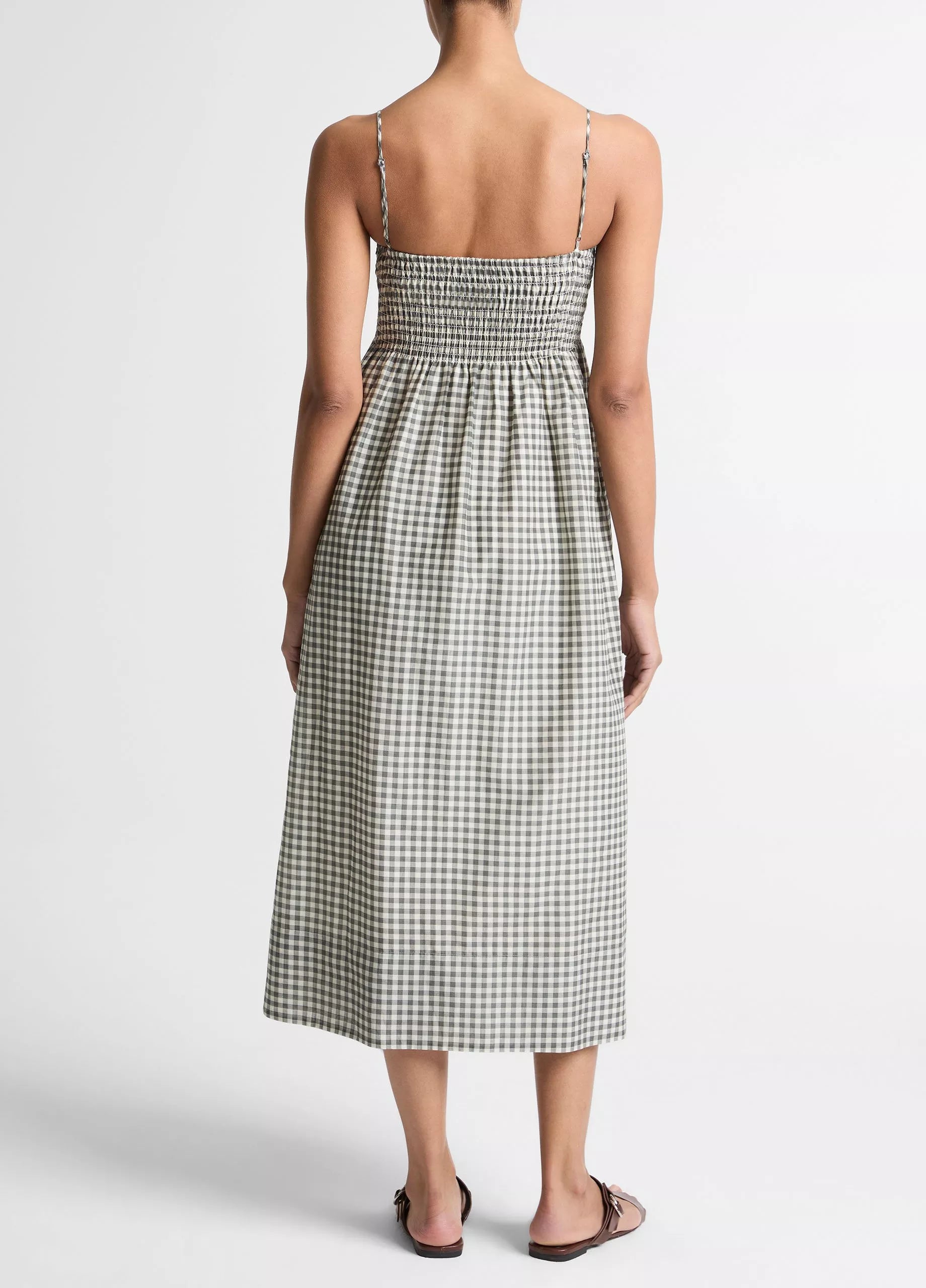 GINGHAM COTTON SILK TIE SMOCKED DRESS