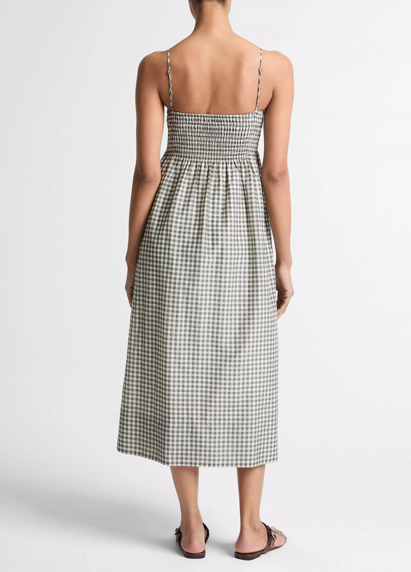 GINGHAM COTTON SILK TIE SMOCKED DRESS
