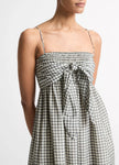 GINGHAM COTTON SILK TIE SMOCKED DRESS