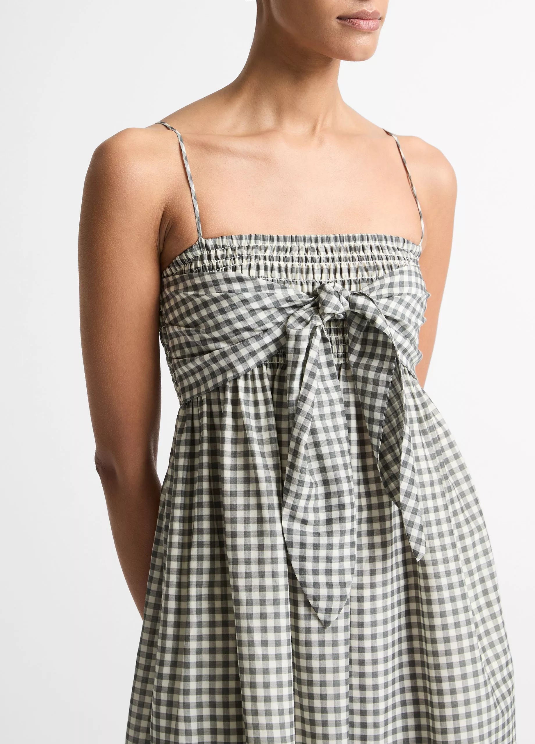 GINGHAM COTTON SILK TIE SMOCKED DRESS