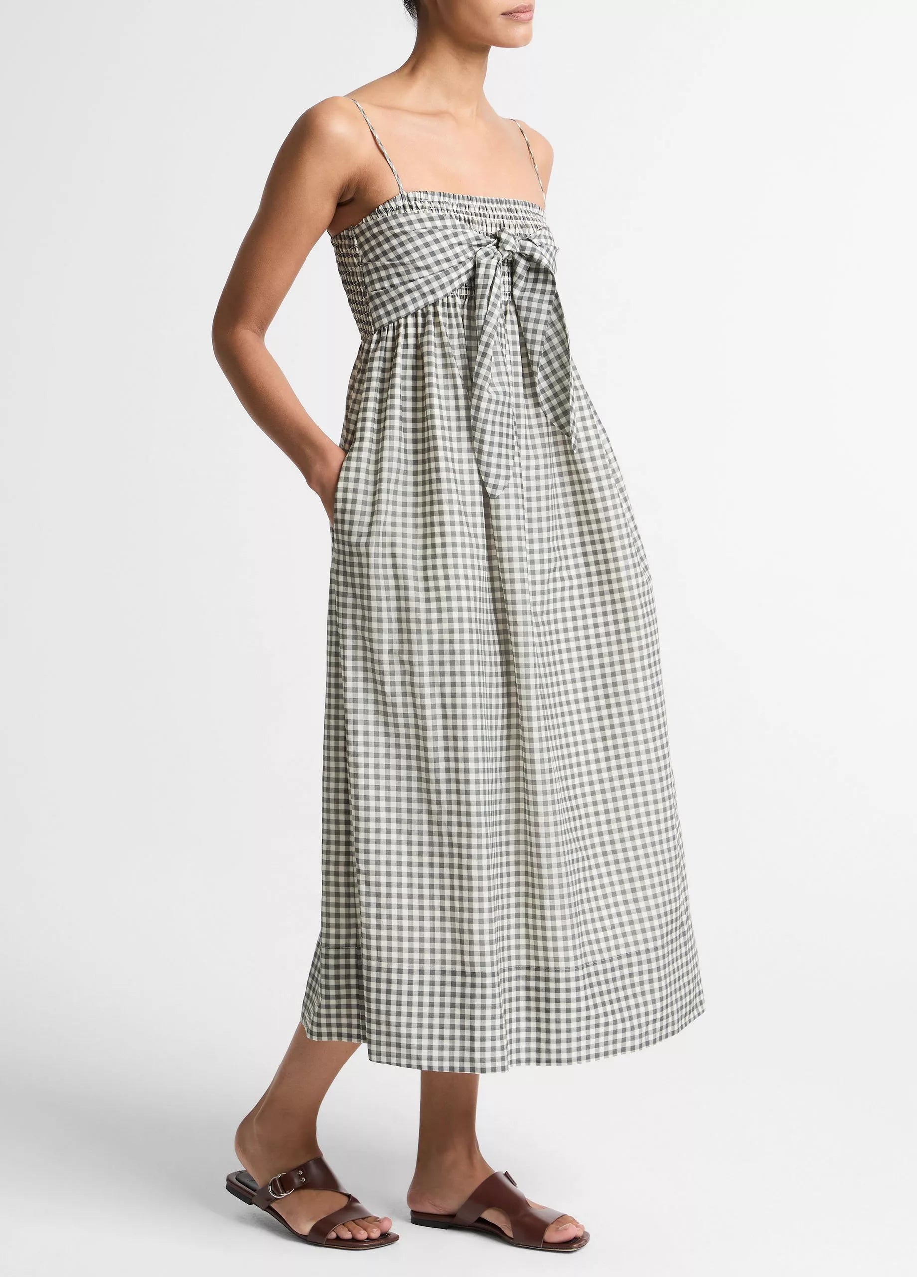GINGHAM COTTON SILK TIE SMOCKED DRESS