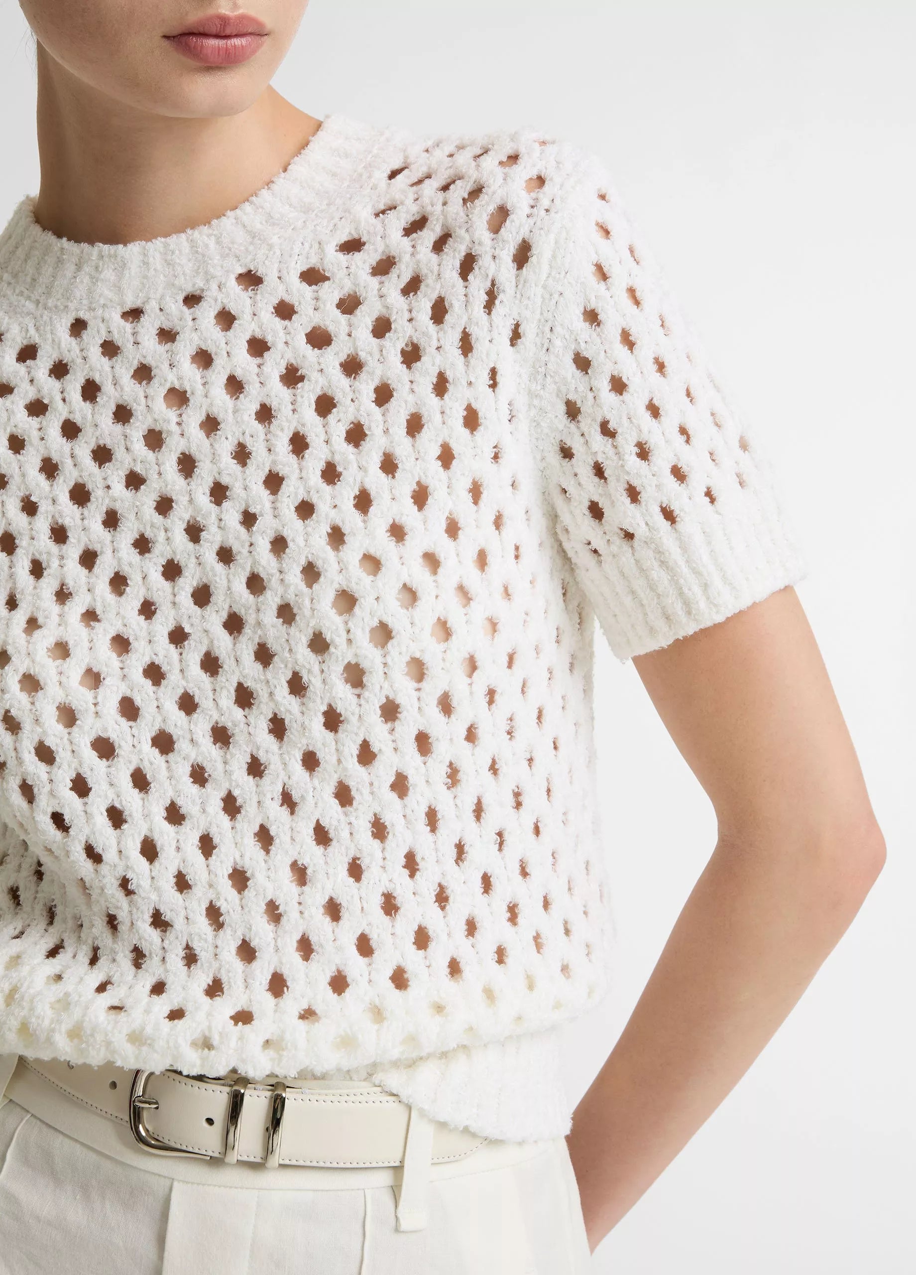 HONEYCOMB ITALIAN COTTON LINEN BLEND SHORT SLEEVE SWEATER