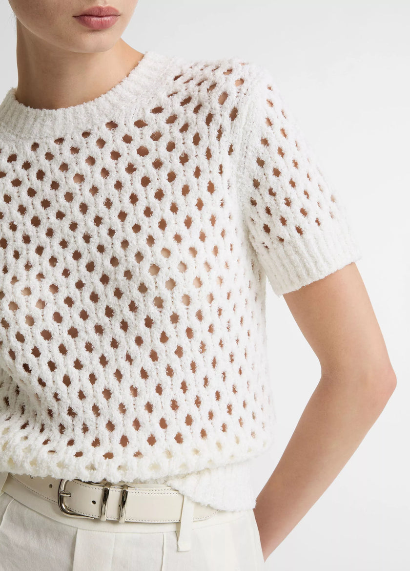 HONEYCOMB ITALIAN COTTON LINEN BLEND SHORT SLEEVE SWEATER