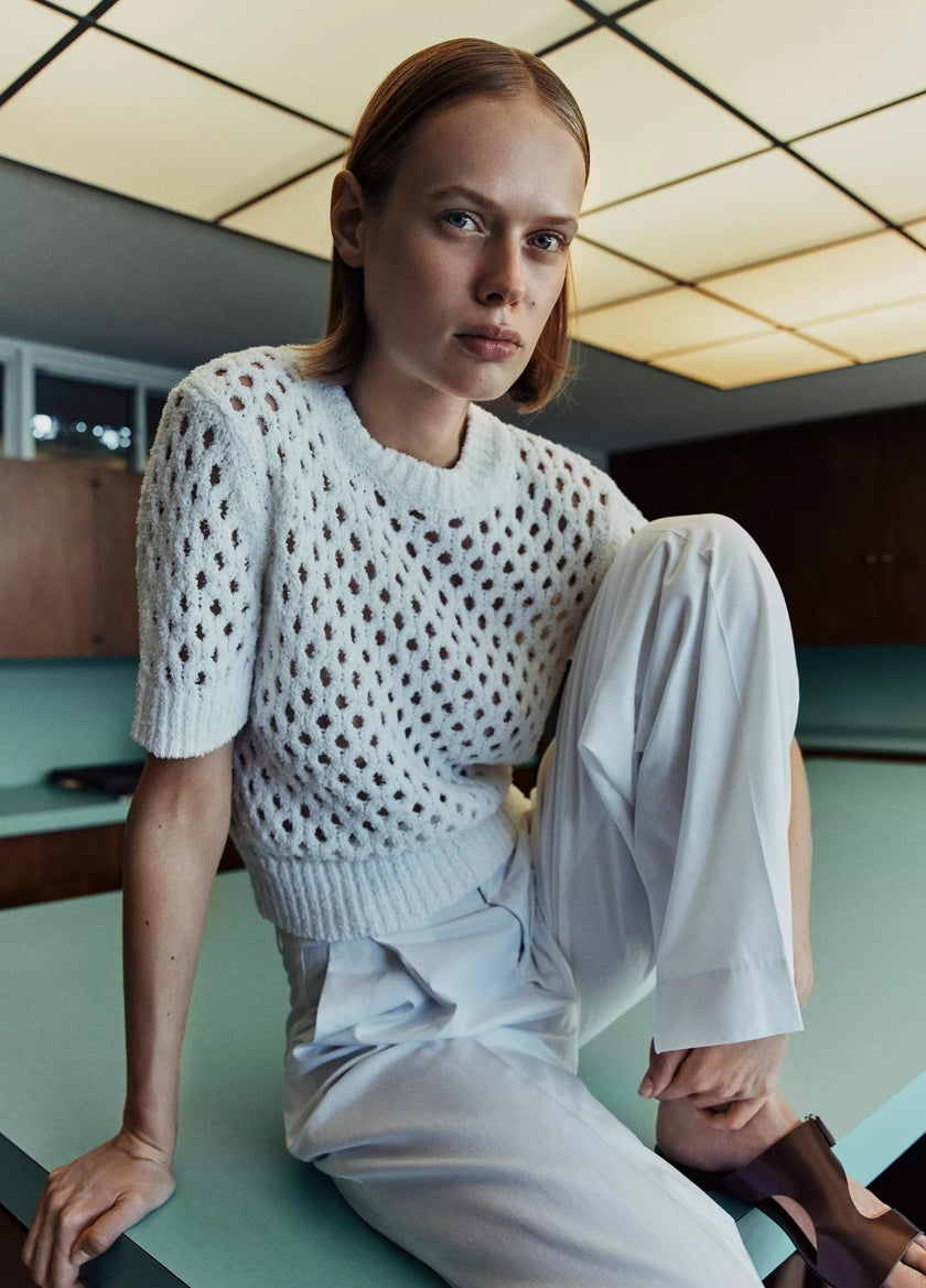 HONEYCOMB ITALIAN COTTON LINEN BLEND SHORT SLEEVE SWEATER