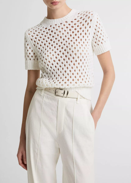 HONEYCOMB ITALIAN COTTON LINEN BLEND SHORT SLEEVE SWEATER