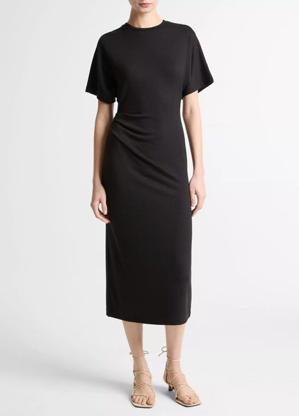 RUCHED SIDE KNIT SHORT SLEEVE DRESS