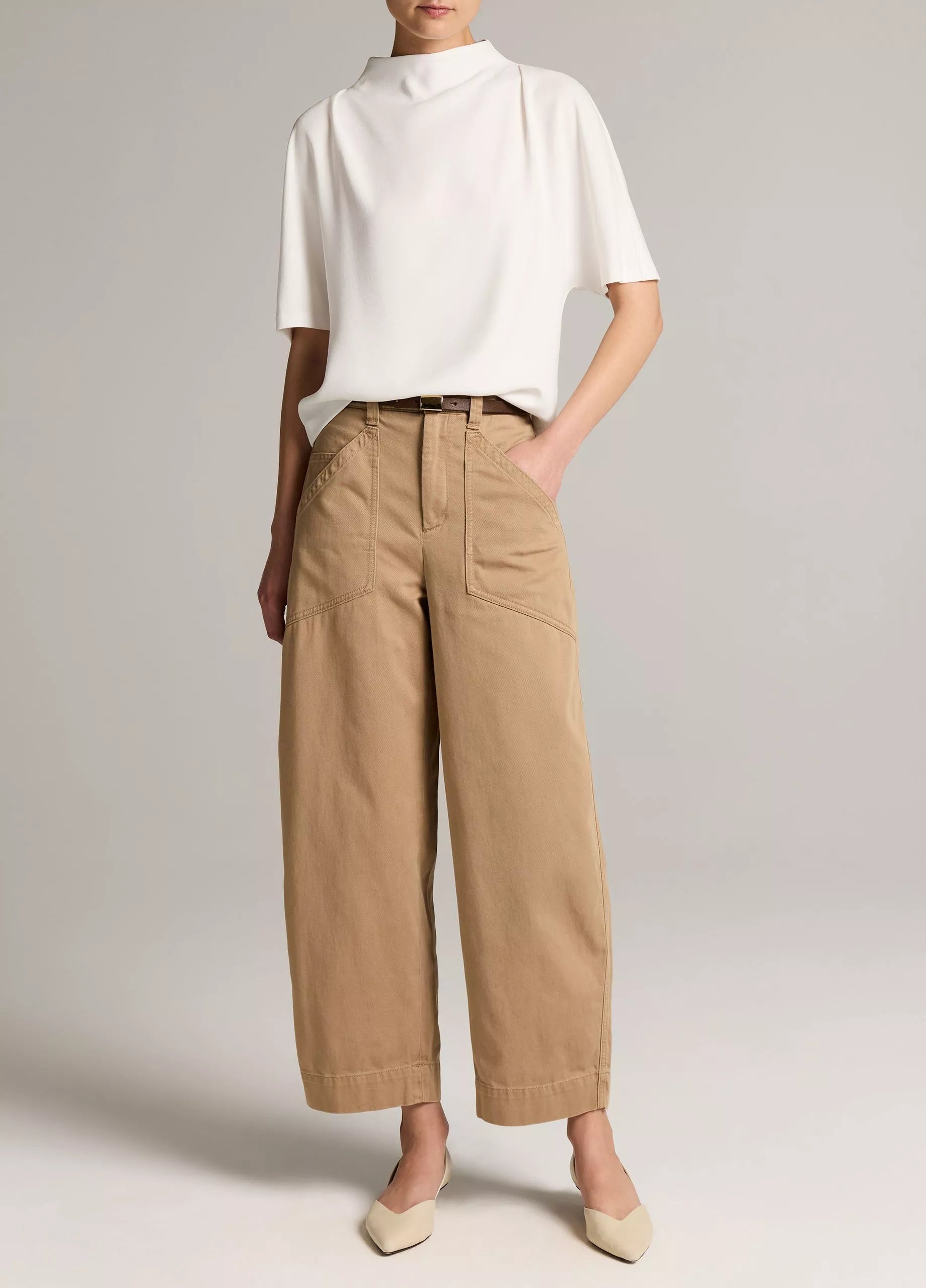 DRAPED CREPE FUNNEL NECK TOP IN OFF WHITE