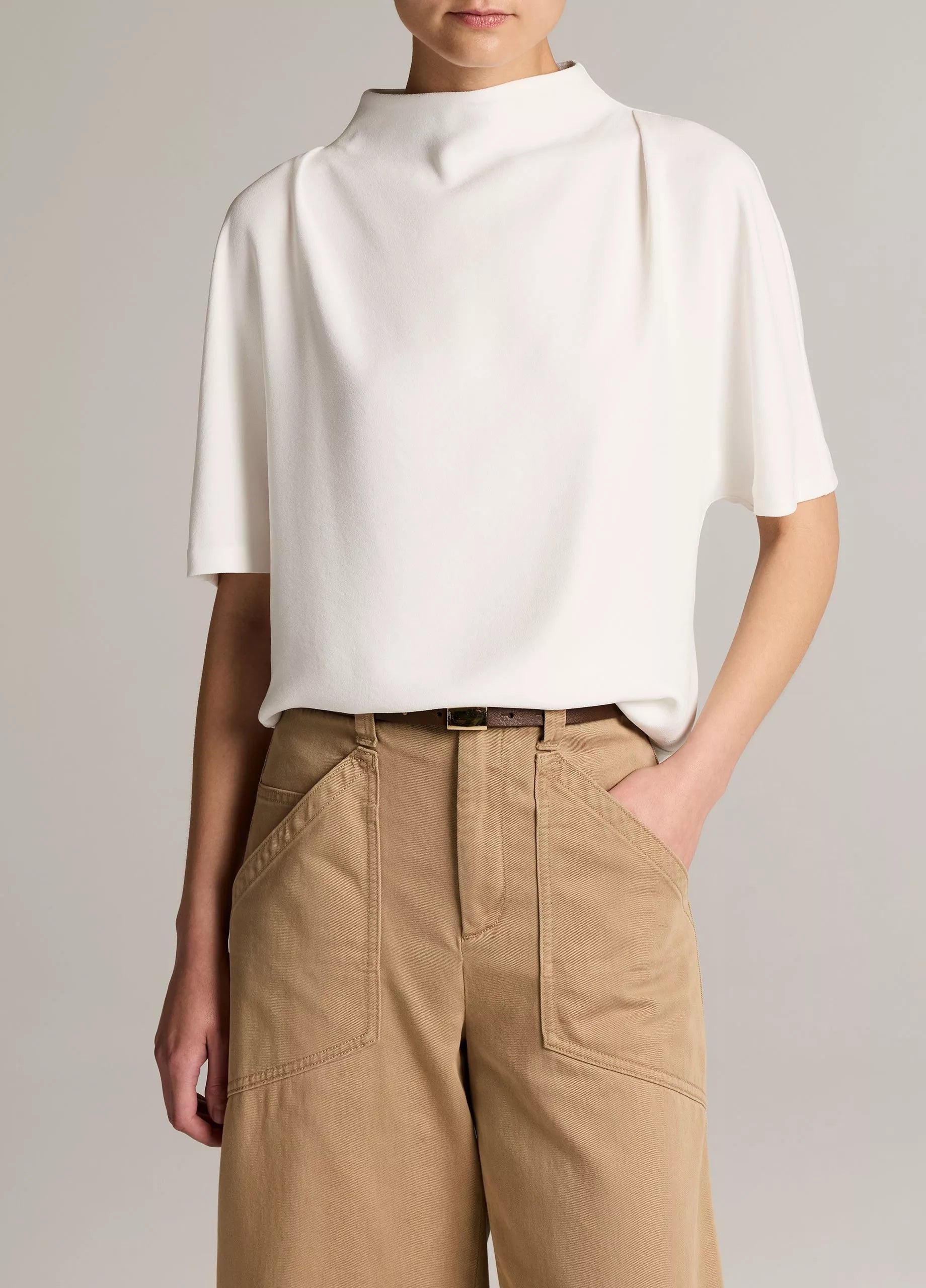 DRAPED CREPE FUNNEL NECK TOP IN OFF WHITE