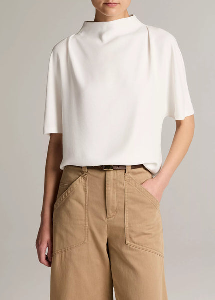 DRAPED CREPE FUNNEL NECK TOP IN OFF WHITE