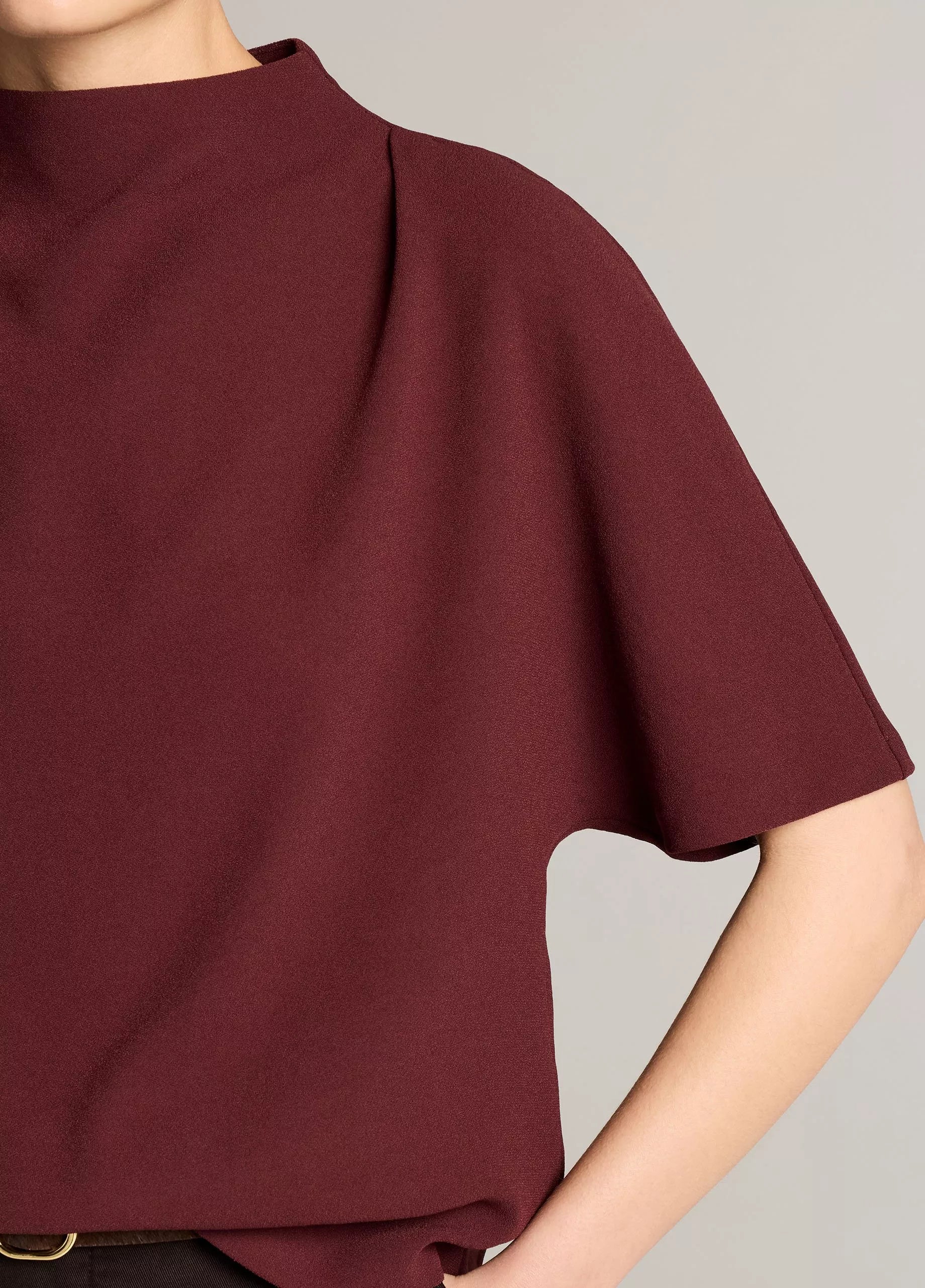 DRAPED CREPE FUNNEL NECK TOP IN BLACK ROSE