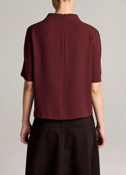 DRAPED CREPE FUNNEL NECK TOP IN BLACK ROSE