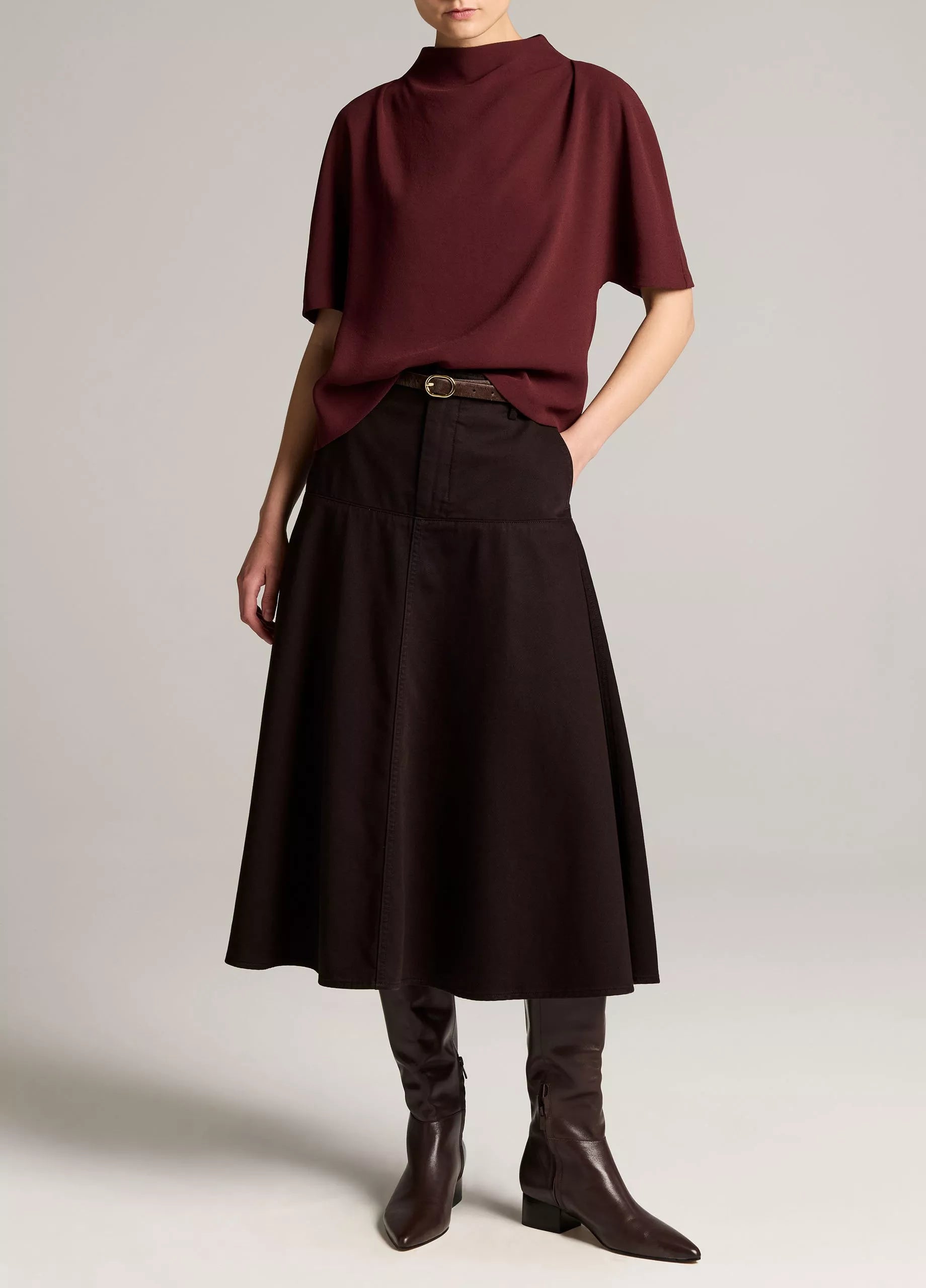 DRAPED CREPE FUNNEL NECK TOP IN BLACK ROSE