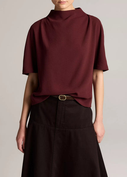 DRAPED CREPE FUNNEL NECK TOP IN BLACK ROSE