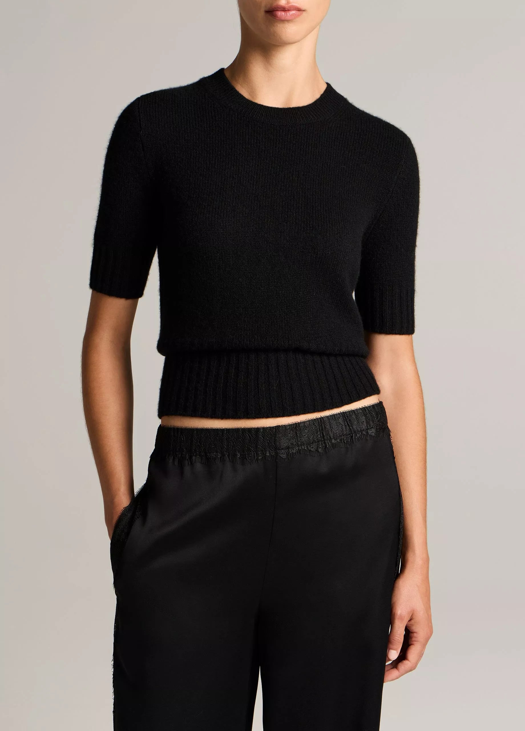 WOOL CASHMERE HIGH RIB SHORT SLEEVE SWEATER