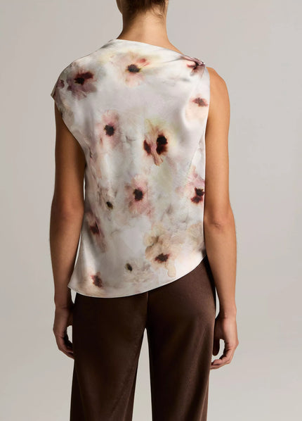 WATERCOLOR FLORAL SATIN TWIST SHOULDER TOP