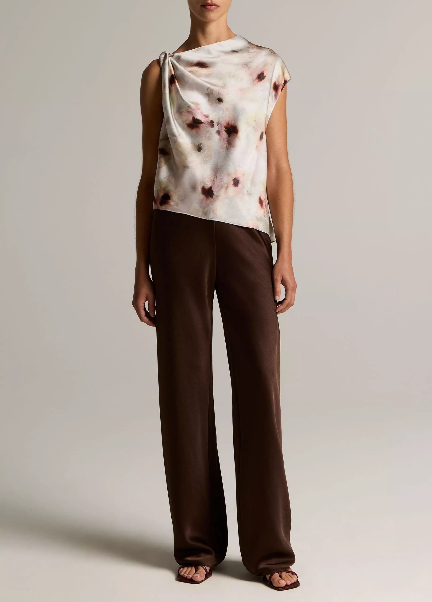 WATERCOLOR FLORAL SATIN TWIST SHOULDER TOP