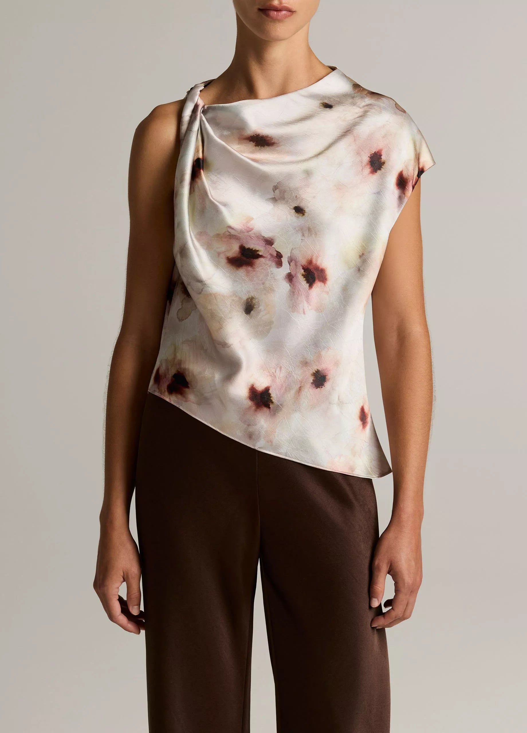 WATERCOLOR FLORAL SATIN TWIST SHOULDER TOP